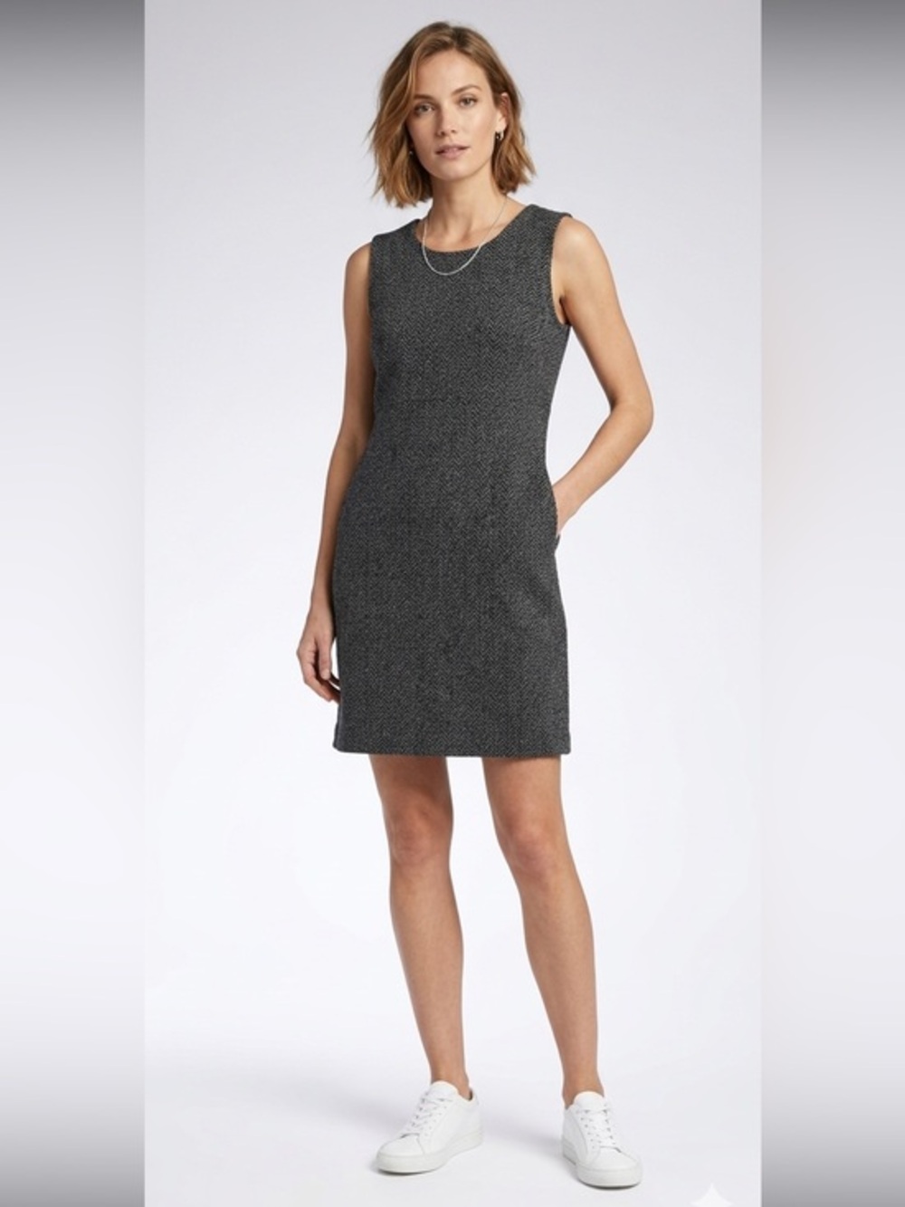 Vintage Made In Canada Sleeveless Gray Herringbone Sheath Dress Size 8